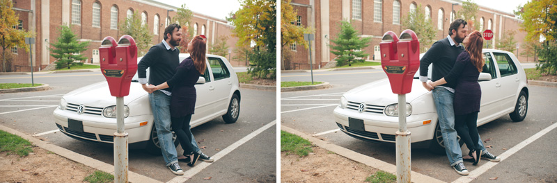 A couple has their engagement session near the Nittany Lion Shrine and tells their photographer all about their first kiss.