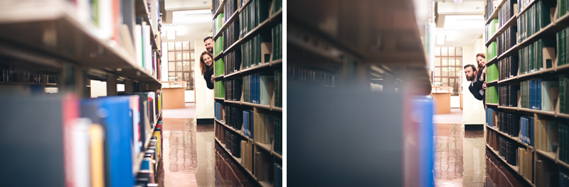 A couple goofs off in the stacks of the Penn State Library while shooting their engagement session the week of their State College wedding.
